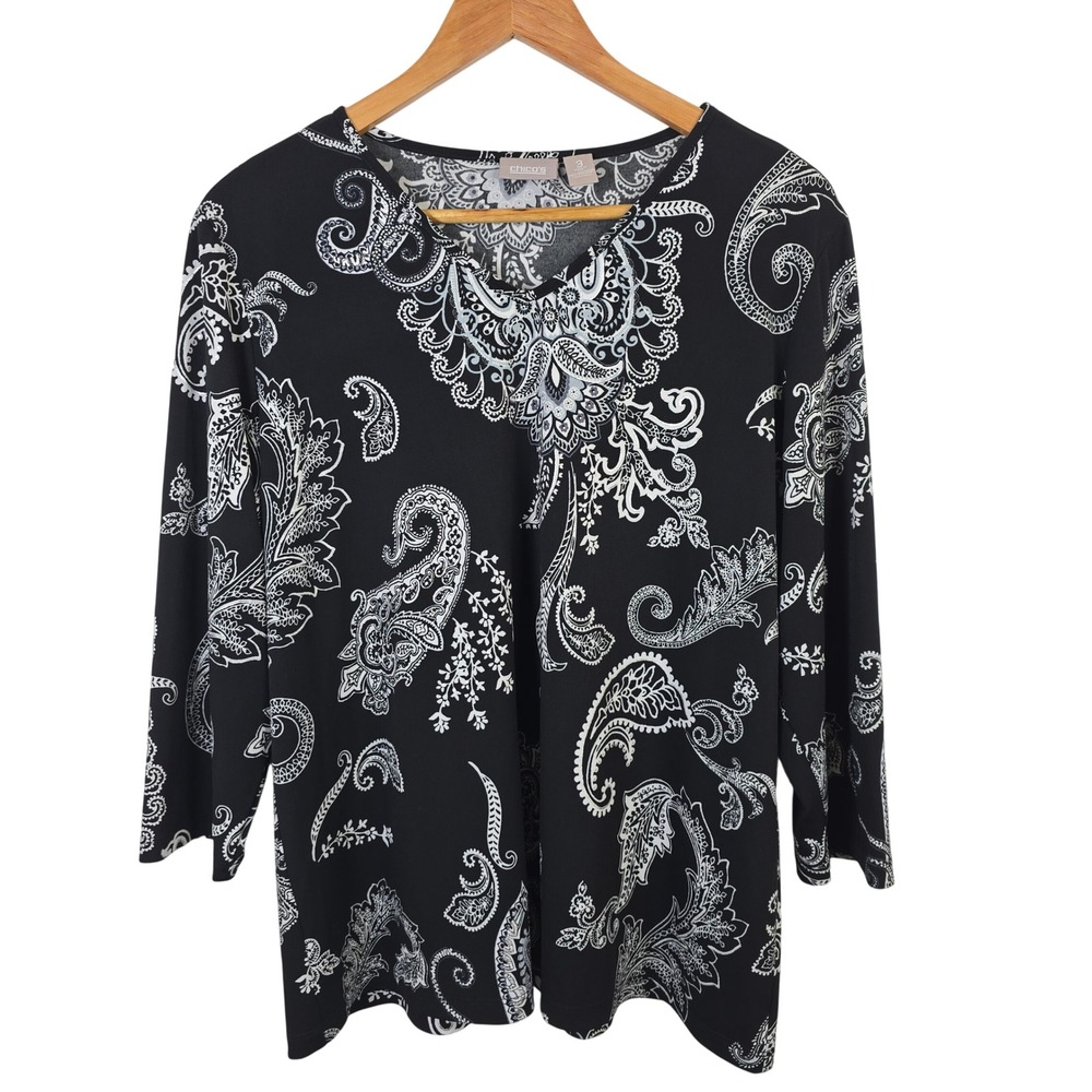 Chico's Black White Paisley V-Neck 3/4 Sleeve Tunic Blouse Top Size 3 XL